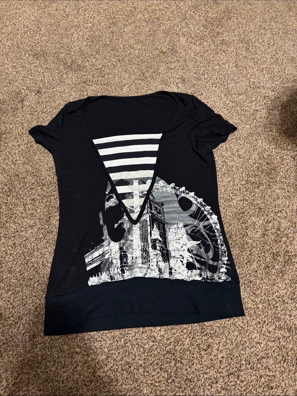 Black Graphic V-Neck Women’s Top with Striped Inset